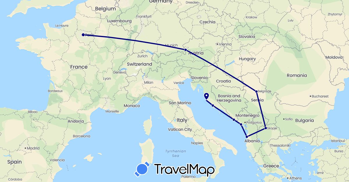 TravelMap itinerary: driving in Albania, Austria, France, Croatia, Montenegro, Macedonia, Serbia (Europe)
